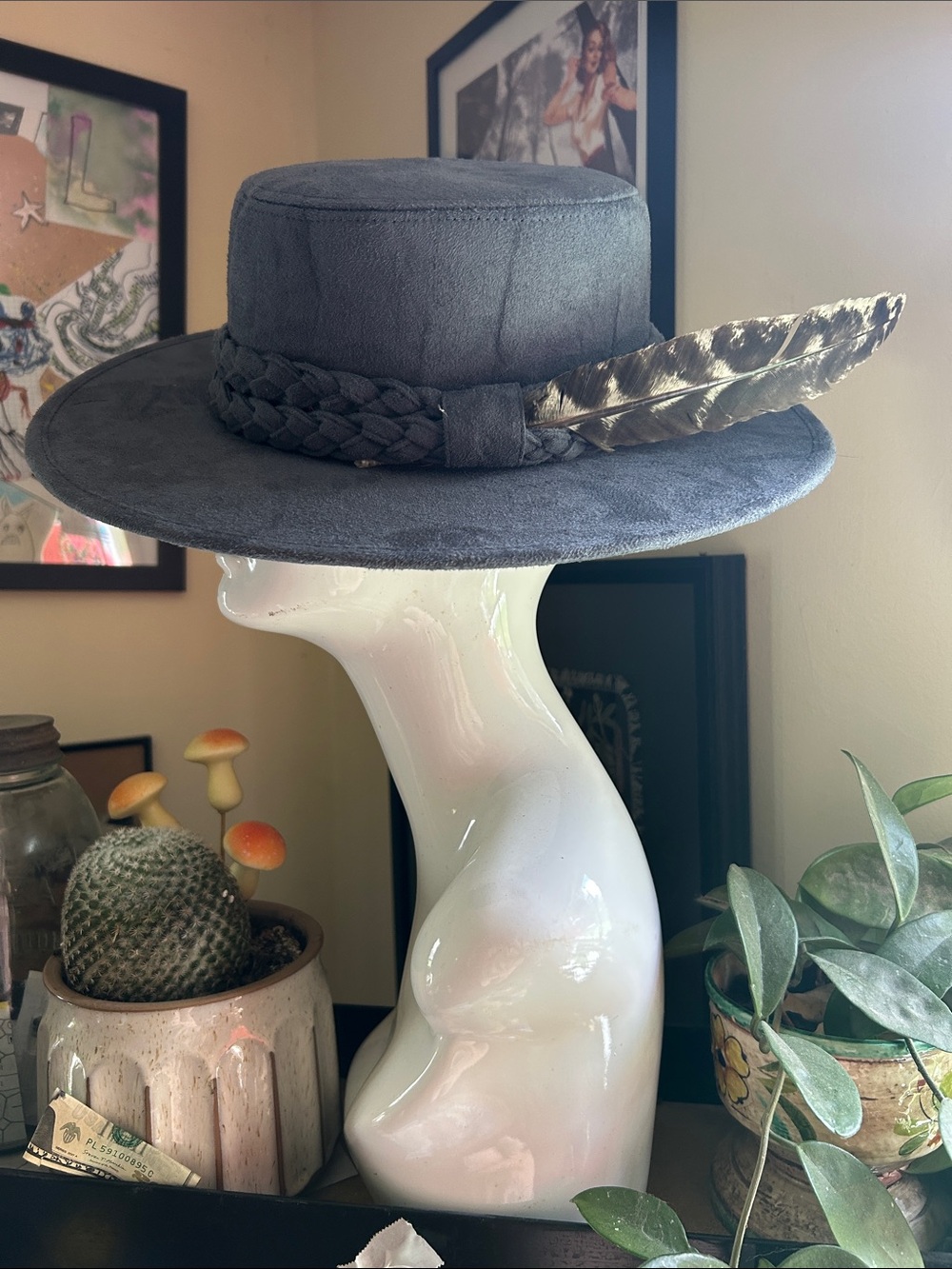 Braided Band faux suede wide  Brim Hat with Feather - blue charcoal